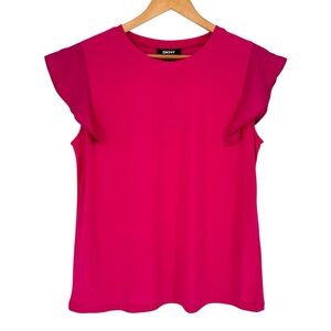 DKNY Hot Pink Flutter Cap Sleeve T Shirt size Medium NWT Crew Neck